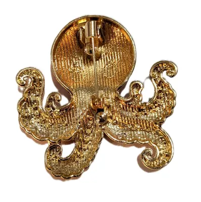 **NEW ARRIVAL** Ceramic Jeweled ORANGE OCTOPUS BROOCH (1¾" x 1¾") with Blue Eyes and Jeweled Legs on a Gold Tone Setting