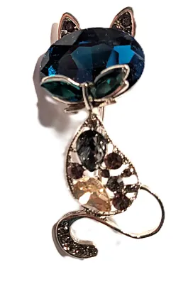 **NEW ARRIVAL** Fun Bejeweled "Modern" CAT BROOCH (2¼" x 1") with Large Oval Blue Face Stone and Lavender Belly on a...