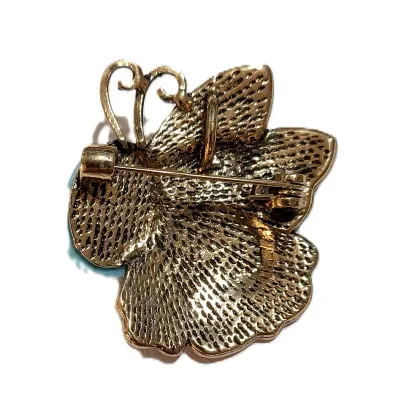 **NEW ARRIVAL** Oval TURQUOISE STONE BLUE SIDE-VIEW BUTTERFLY BROOCH (1½" x 1¼") with 2 Accent Faux Pearls and Blue Muted...