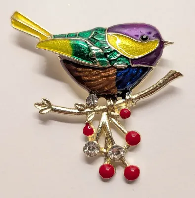 **NEW ARRIVAL** Jeweled Enameled PURPLE & YELLOW "FINCH-STYLE BIRD BROOCH (1¾" x 1½") on a Gold Branch and Colored...