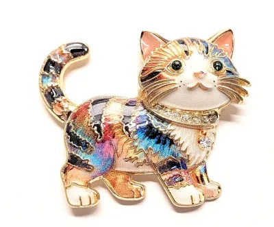 **NEW ARRIVAL** MULTICOLOR ENAMELED KITTEN BROOCH (1¾" x 1½") with Jeweled Collar, Green Eyes and Striped Tail on a Gold Tone...