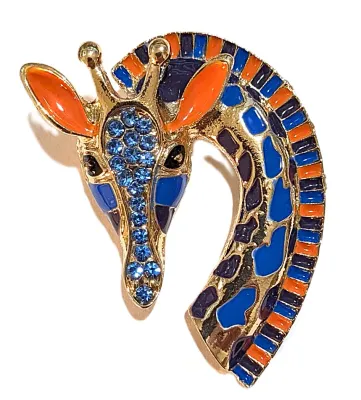 **NEW ARRIVAL** Enameled ORANGE & BLUE GIRAFFE BROOCH (2½" x 1¾") with Orange, Blue & Black Head + Neck on a Gold Tone...