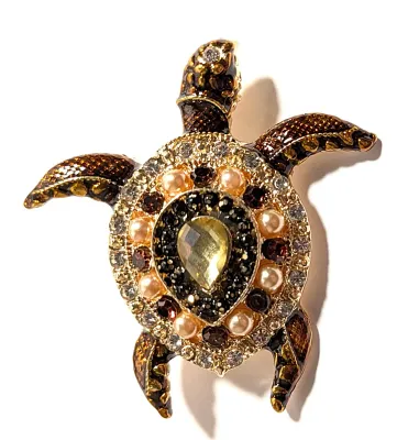 **NEW ARRIVAL** Jeweled AMBER & PINK Enameled TURTLE BROOCH (2¼" x 1½") with Pink Faux Pearls, Jeweled Surround on a Gold...