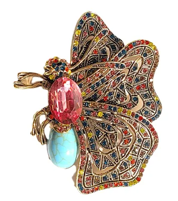 **NEW ARRIVAL** Beautiful Large MULTICOLORED TURQUISE & MAGENTA STONE BUTTERFLY BROOCH (3" x 2¼") with Colored Head Stones,...