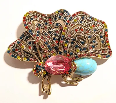 **NEW ARRIVAL** Beautiful Large MULTICOLORED TURQUISE & MAGENTA STONE BUTTERFLY BROOCH (3" x 2¼") with Colored Head Stones,...