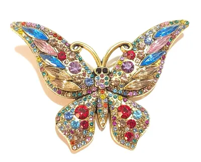 **NEW ARRIVAL** Jeweled MULTICOLOR STONES BUTTERFLY BROOCH (2¾" x 1¾") with Black Eyes + Gold Colored "Feelers" and...