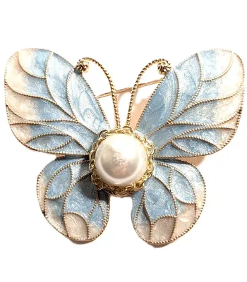 **NEW ARRIVAL** Dainty Enameled BLUE & BEIGE BUTTERFLY BROOCH (1¾" x 1½") with Large Faux Pearl with "Chain"...