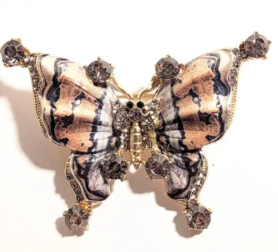 **NEW ARRIVAL** BLACK & BEIGE Enameled "Swallowtail" BUTTERFLY BROOCH (2½" x 2") with Gray Stones...