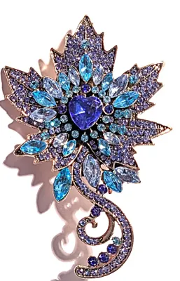 **NEW ARRIVAL** Beautiful Very BLUE FLOWER BROOCH (3" x 2") with Shades of Blue Marquise, Round and Oval Stones on a Gold Tone...