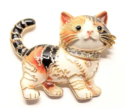 **NEW ARRIVAL** ORANGE, BLACK & WHITE ENAMELED KITTEN BROOCH (1¾" x 1½") with Jeweled Collar, Green Eyes and Striped Tail...