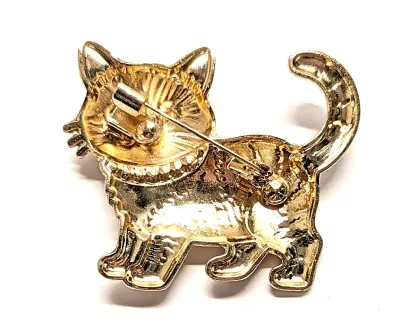 **NEW ARRIVAL** ORANGE, BLACK & WHITE ENAMELED KITTEN BROOCH (1¾" x 1½") with Jeweled Collar, Green Eyes and Striped Tail...