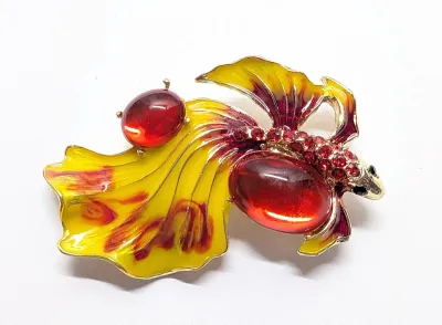 **NEW ARRIVAL** YELLOW & RED Enameled "KOI" FISH BROOCH (2¼" x 1¾") with 2 Red Glass Oval Stones on a Gold Tone...