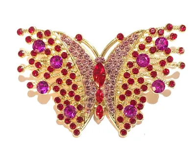 **NEW ARRIVAL** Jeweled RED & MAGENTA Colored STONES BUTTERFLY BROOCH (2¾" x 1¾") with "Winged Points + Gold Colored...