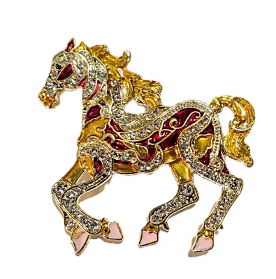 **NEW ARRIVAL** JEWELED RED & AMBER "GOLD COLORED" HORSE BROOCH (2" x 1¾") with Amber Tail and Mane + Pink Hoofs...