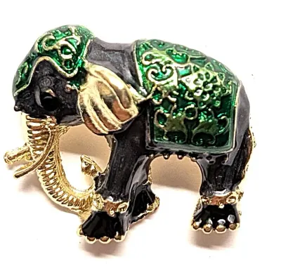 **NEW ARRIVAL** Small GREEN & BLACK ELEPHANT BROOCH (1" x 1") with Green Cover ("Caparison"), Gold Ear &...