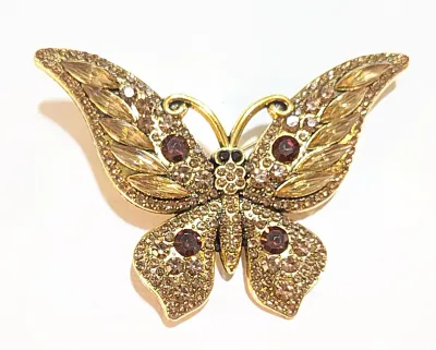 **NEW ARRIVAL** Jeweled CHAMPAGNE & DEEP RED BUTTERFLY BROOCH (2¾" x 1¾") with Black Eyes + Gold Colored...