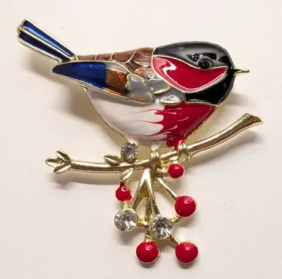 **NEW ARRIVAL** Jeweled Enameled RED & BLACK "FINCH-STYLE BIRD BROOCH (1¾" x 1½") on a Gold Branch and Colored Dangle...