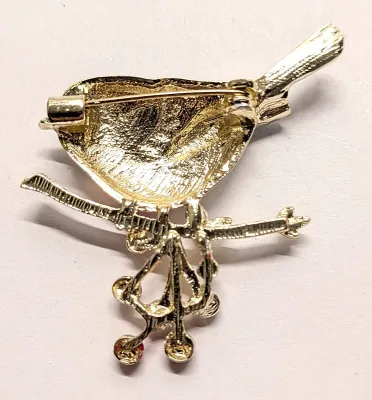 **NEW ARRIVAL** Jeweled Enameled RED & BLACK "FINCH-STYLE BIRD BROOCH (1¾" x 1½") on a Gold Branch and Colored Dangle...