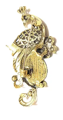 **NEW ARRIVAL** GREEN TURQUISE STONE PEACOCK BROOCH (2½" x 1¼") with Multicolor Jeweled Body, Black Eye on a Gold Tone Setting