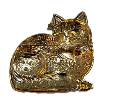 **NEW ARRIVAL** Ceramic WHITE & BLUE "FANCY CAT" BROOCH (1¾" x 1¾") with Black Eyes and Gold Colored Accent Lines...