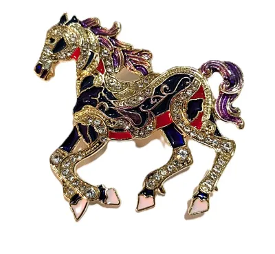 **NEW ARRIVAL** JEWELED RED & BLACK "GOLD COLORED" HORSE BROOCH (2" x 1¾") with Purple Tail and Mane + Pink Hoofs...