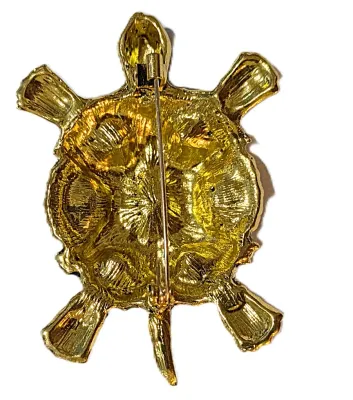 **NEW ARRIVAL** Jeweled BLUE TURTLE BROOCH (2½" x 1¾") with 7 Iridescent Blue Stones, Black Eyes on a Gold Tone Setting