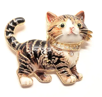 **NEW ARRIVAL** BLACK & GOLD STRIPED ENAMELED KITTEN BROOCH (1¾" x 1½") with Jeweled Collar, Green Eyes and Striped Tail on...