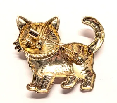 **NEW ARRIVAL** VERY ORANGE ENAMELED KITTEN BROOCH (1¾" x 1½") with Jeweled Collar, Green Eyes and Striped Tail on a Gold Tone...