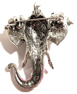 **NEW ARRIVAL** Ceramic-Style PINK & BLUE ELEPHANT HEAD BROOCH (2" x 1½") with Jeweled Ears and Silver Tusks on a Silver...