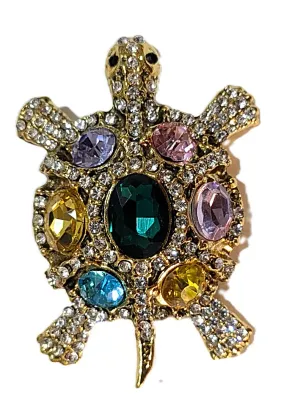 **NEW ARRIVAL** Jeweled MULTICOLOR TURTLE BROOCH (2½" x 1¾") with 7 Iridescent Multicolor Stones, Black Eyes on a Gold Tone...