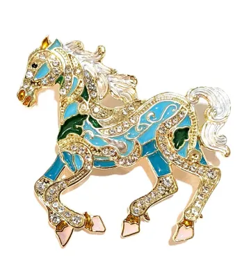 **NEW ARRIVAL** JEWELED GREEN & BLUE "GOLD COLORED" HORSE BROOCH (2" x 1¾") with Silver Tail and Mane + Pink...