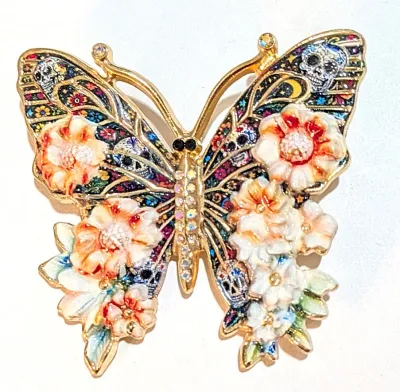 **NEW ARRIVAL** Ceramic ORANGE, WHITE & BLUE SKULL BUTTERFLY BROOCH (2" x 2") with 2 SKULLS on the Upper Wings, Iridescent...