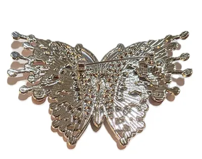 **NEW ARRIVAL** Jeweled GREEN & MAGENTA STONES BUTTERFLY BROOCH (2¾" x 1¾") with "Wing Points" + Silver Colored...