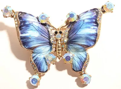 **NEW ARRIVAL** Light & Dark BLUES Enameled "Swallowtail" BUTTERFLY BROOCH (2½" x 2") with Clear Stones...
