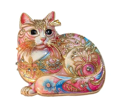 **NEW ARRIVAL** Ceramic PINK & BLUE "FANCY CAT" BROOCH (1¾" x 1¾") with Black Eyes and Gold Colored Accent Lines...