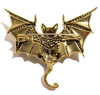 **NEW ARRIVAL** GREEN & YELLOW Enameled Bejeweled BAT BROOCH (2¾" x 2½") with Jeweled Out-Stretched Wings, Black Eyes on a...