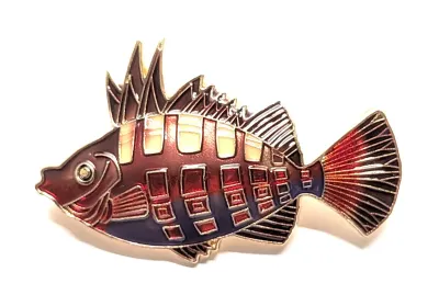 **NEW ARRIVAL** BURGUNDY & BEIGE Enameled "Spikey" FISH Enameled BROOCH (2" x 1¼") with on a Gold Tone Setting