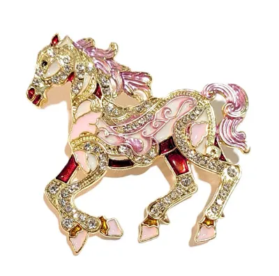 **NEW ARRIVAL** JEWELED PINK & RED "GOLD COLORED" HORSE BROOCH (2" x 1¾") with Lavender Tail and Mane + Pink...