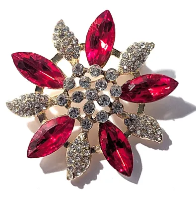 **NEW ARRIVAL** RED MARQUISE-CUT STONES FLOWER BROOCH (1¾" Diam.) with Jeweled Petals and Center on a Gold Tone Setting