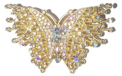 **NEW ARRIVAL** Jeweled IRIDESCENT CLEAR STONES BUTTERFLY BROOCH (2¾" x 1¾") with "Wing Points" + Gold Colored...