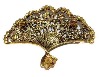 **NEW ARRIVAL** Beautiful BLUE Chinese-Style FAN BROOCH (2½" x 1¾") with Blue Stones and Dimpled Accent Frame on a Gold Tone...