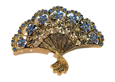 **NEW ARRIVAL** Beautiful BLUE Chinese-Style FAN BROOCH (2½" x 1¾") with Blue Stones and Dimpled Accent Frame on a Gold Tone...