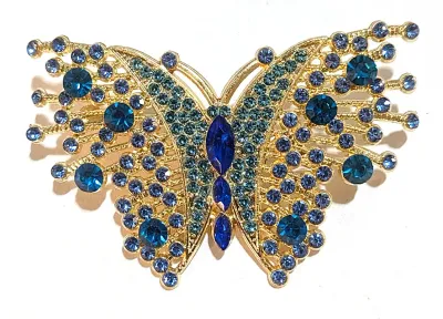 **NEW ARRIVAL** Jeweled AQUAMARINE & BLUE Colored STONES BUTTERFLY BROOCH (2¾" x 1¾") with "Wing Points" + Gold...