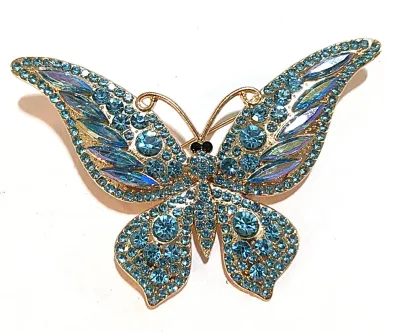 **NEW ARRIVAL** Jeweled LIGHT BLUE STONES BUTTERFLY BROOCH (2¾" x 1¾") with Black Eyes + Gold Colored Thin "Feelers"...
