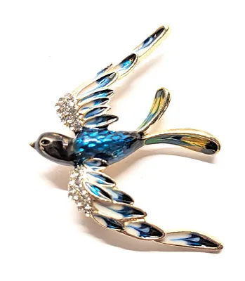 **NEW ARRIVAL** Jeweled Enameled AQUAMARINE "SWIFT-STYLE BIRD BROOCH (2" x 1½") with Jeweled Body + Aquamarine & White...