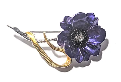 **NEW ARRIVAL** Enameled PURPLE FLOWER BROOCH (2½" x 1¼") with Gold Swirl on a Silver Tone Setting