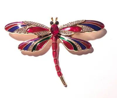 **NEW ARRIVAL** RED & BLUE DRAGONFLY BROOCH (3" x 2") with Jeweled Wings and Black Eyes on a Gold Tone Setting