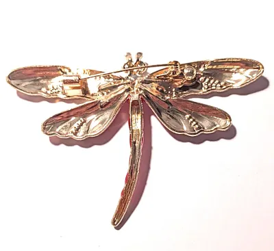 **NEW ARRIVAL** RED & BLUE DRAGONFLY BROOCH (3" x 2") with Jeweled Wings and Black Eyes on a Gold Tone Setting