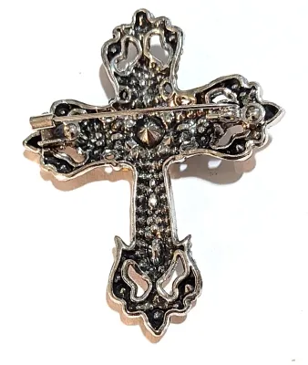 **NEW ARRIVAL** Beautiful Jeweled "SILVER CROSS" BROOCH (2¼" x 1¾") with 2 Small Turquoise Stone Inserts on a Silver...
