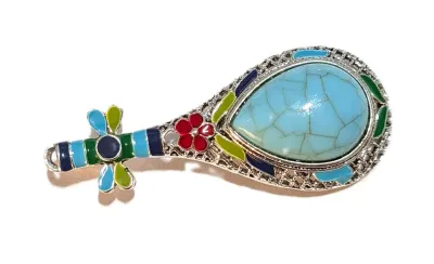 **NEW ARRIVAL** TURQUOISE TEARDROP STONE "MANDOLIN" BROOCH (2½" x 1") with Enameled Clear, Lavender & Blue Accent...
